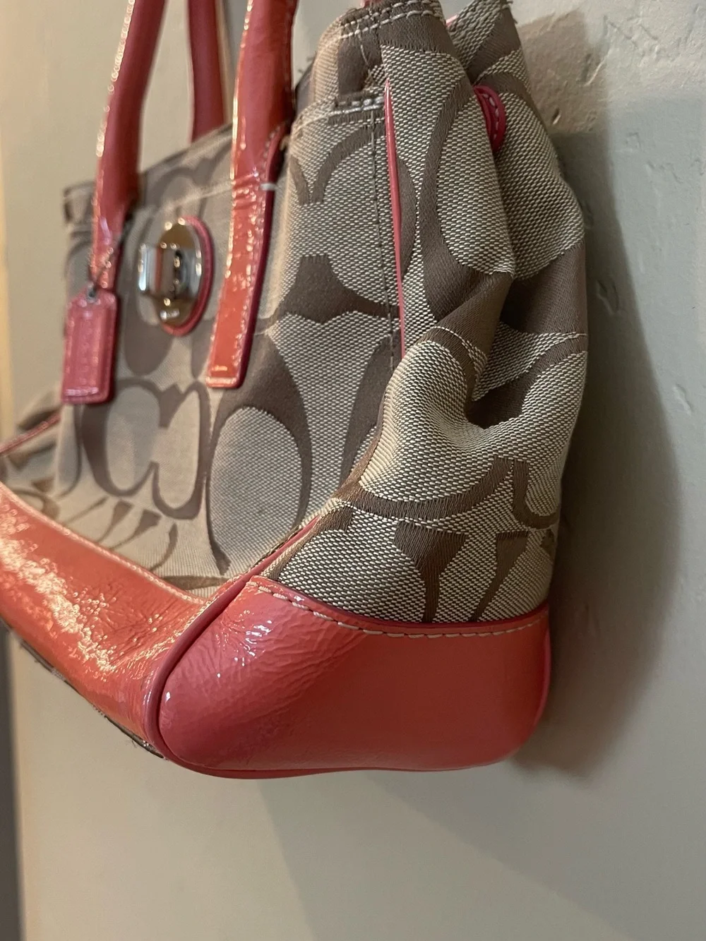 Coach Beige brown Signature Canvas Shoulder Tote with Coral pink Patent Trim